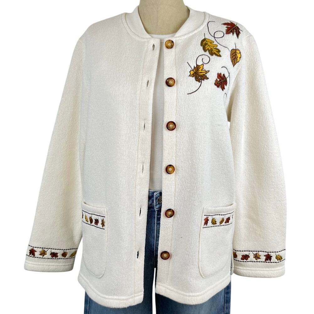 Vintage BonWorth Embroidered Fall Leaves Button Front Cardigan Sweater (Sz S)